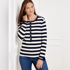 Talbots XL top Delfina stripe navy white long sleeve knit jersey 
V neck button